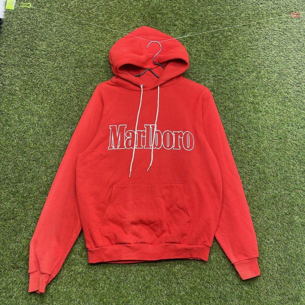 Vintage Marlboro Hoodie Mens Large Red Fleece Spellout Made USA Cigarette 90s